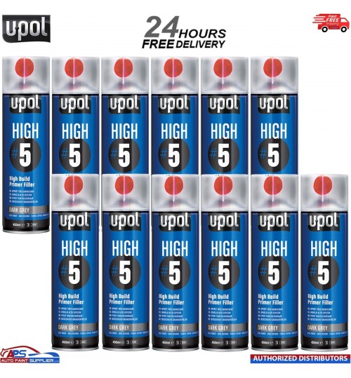 12x UPOL HIGH 5 HIGH BUILD PRIMER AEROSOL U-POL - DARK GREY